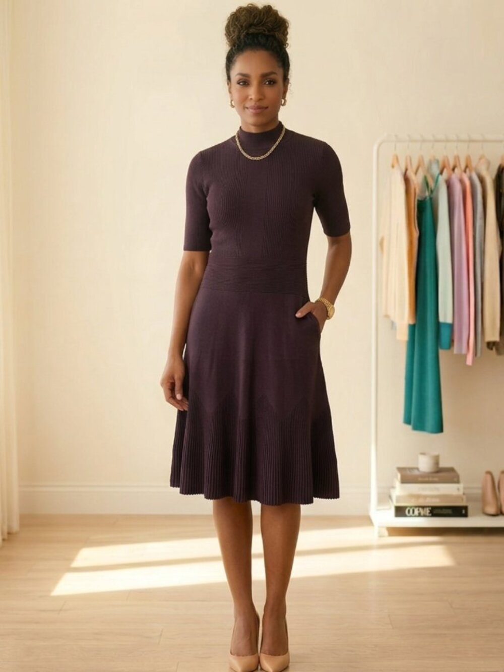 Nicole Miller New York Dress Women's Size Large Brown Mock Neck